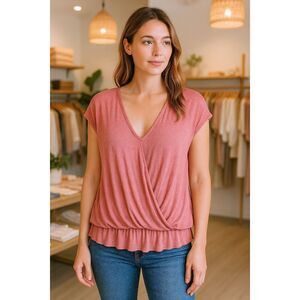 Anthropologie Saturday Sunday Rib Knit Top XS Dusky Pink Blush Ruffled Edges